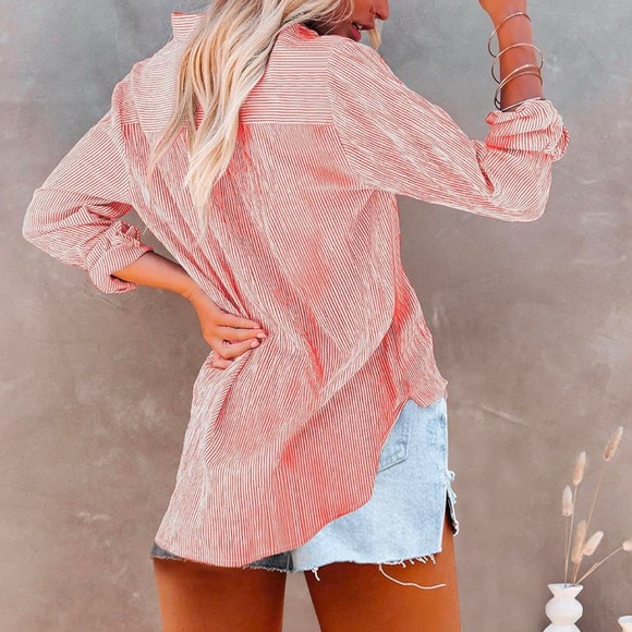 Sz L OMSJ OMSJ Women's Striped Button Down Shirts Casual Long Sleeve Stylish V - Picture 2 of 12